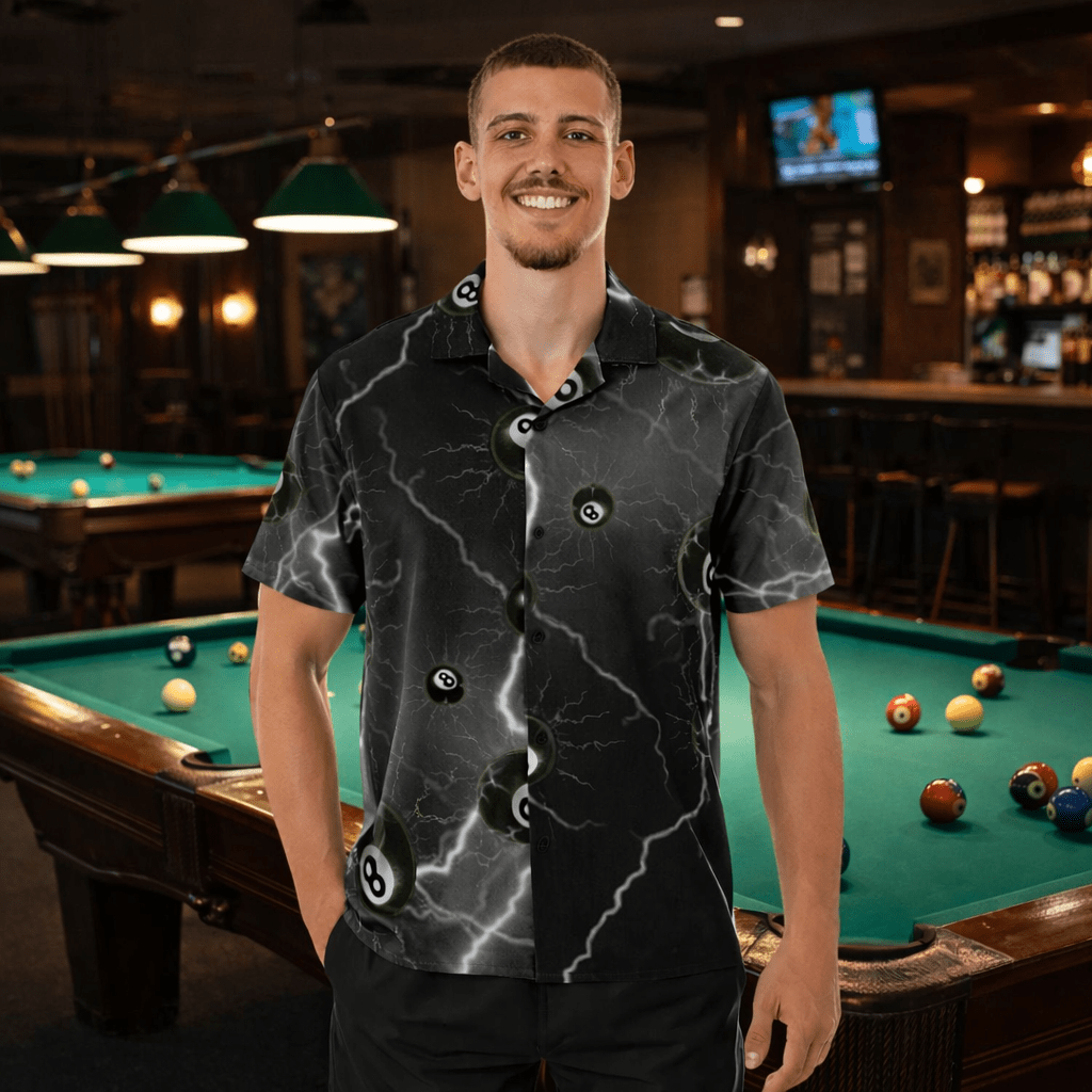Angel holding 8 - ball, lightning and 8 - balls around, Button up Shirt - JonesTees