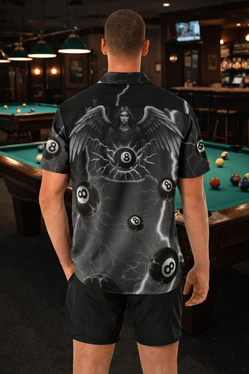 Angel holding 8 - ball, lightning and 8 - balls around, Button up Shirt - JonesTees