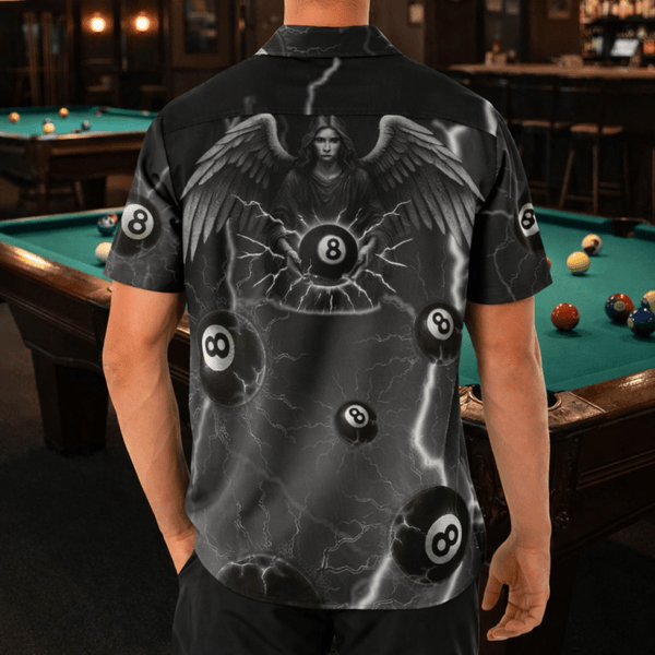 Angel holding 8 - ball, lightning and 8 - balls around, Button up Shirt - JonesTees