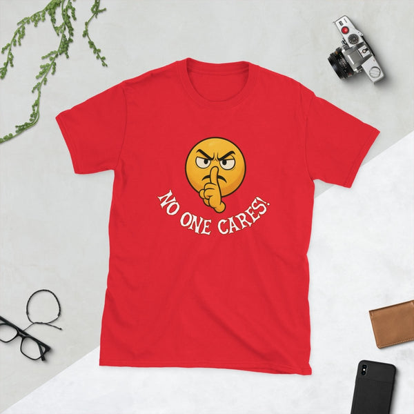 Angry Shooshing Emoji with No One Cares!, Cotton Unisex T-shirt - JonesTees