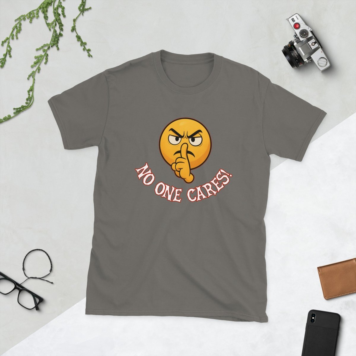 Angry Shooshing Emoji with No One Cares!, Cotton Unisex T-shirt - JonesTees