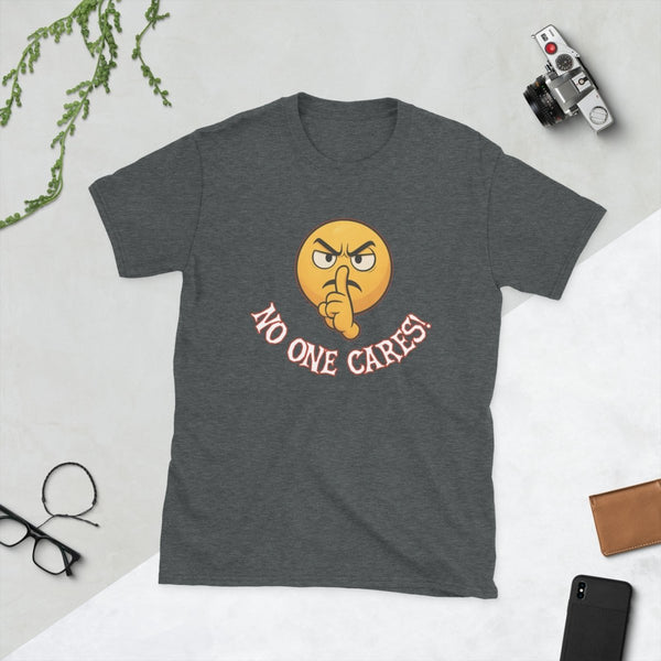 Angry Shooshing Emoji with No One Cares!, Cotton Unisex T-shirt - JonesTees