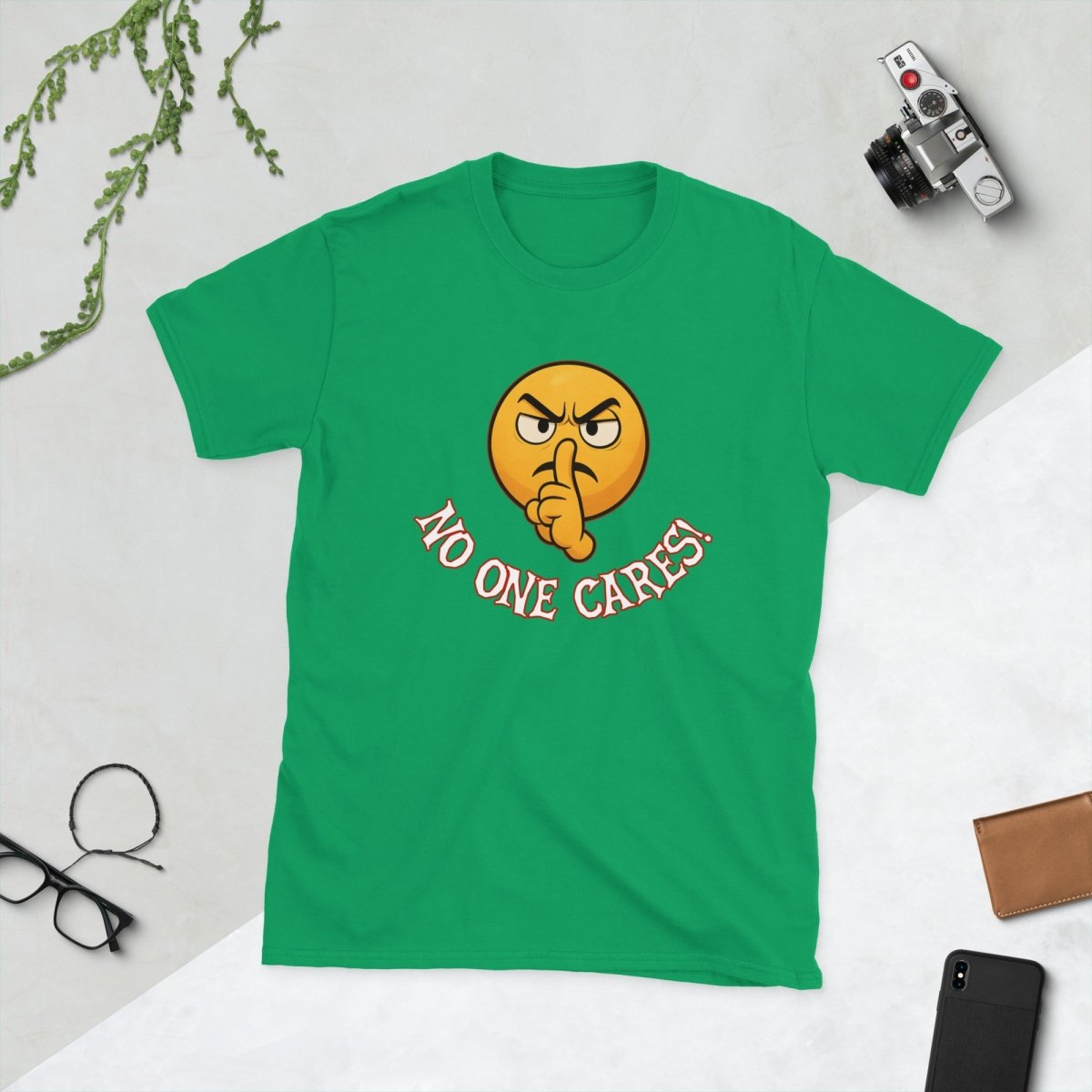 Angry Shooshing Emoji with No One Cares!, Cotton Unisex T-shirt - JonesTees