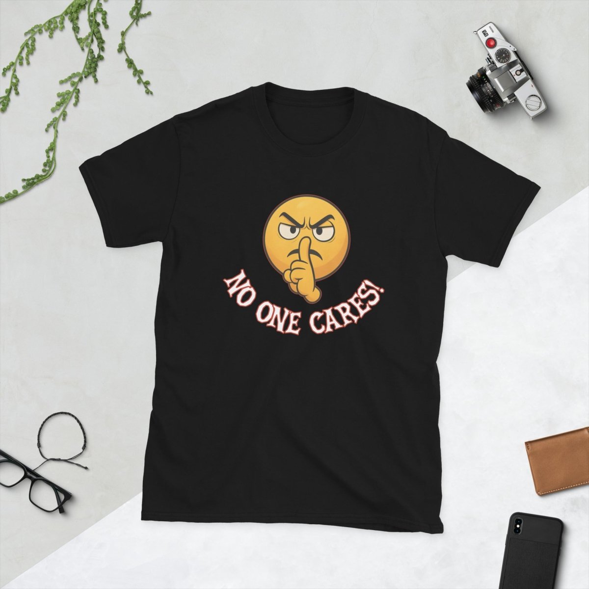 Angry Shooshing Emoji with No One Cares!, Cotton Unisex T-shirt - JonesTees
