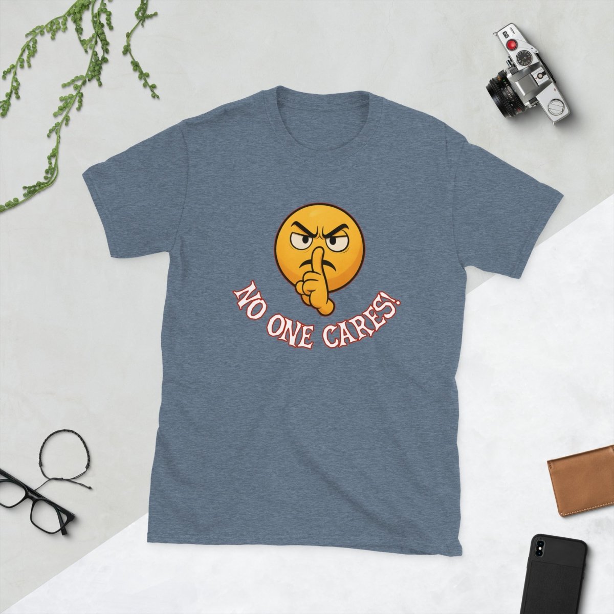Angry Shooshing Emoji with No One Cares!, Cotton Unisex T-shirt - JonesTees