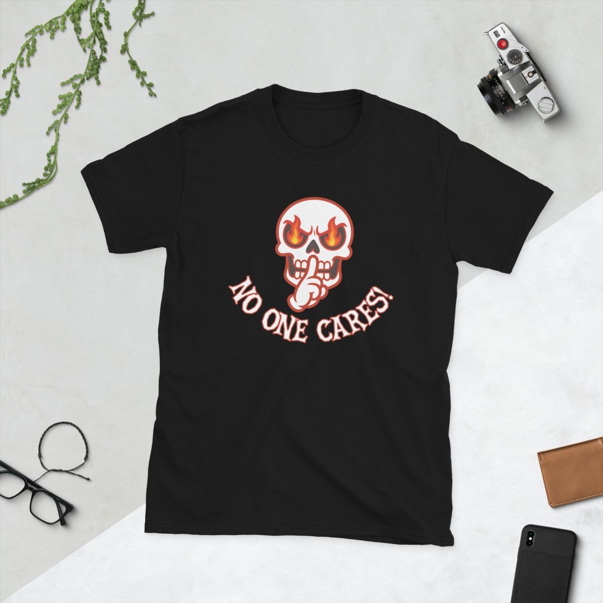 Angry Shooshing Skull with No One Cares! Cotton Unisex T-shirt - JonesTees