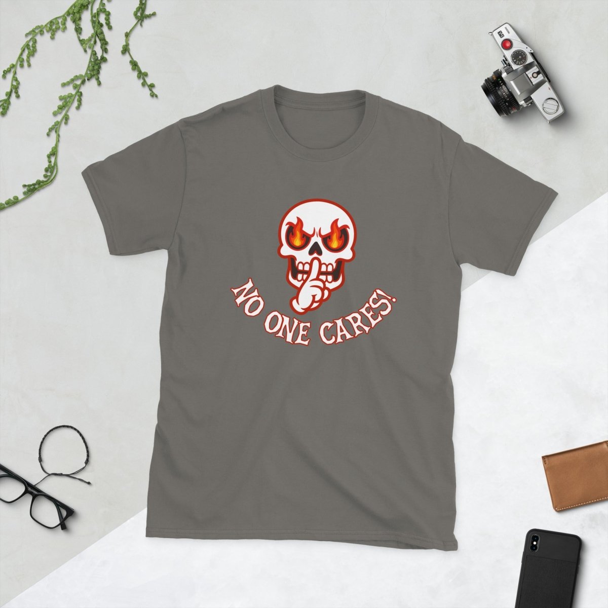 Angry Shooshing Skull with No One Cares! Cotton Unisex T-shirt - JonesTees