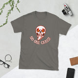 Angry Shooshing Skull with No One Cares! Cotton Unisex T-shirt - JonesTees