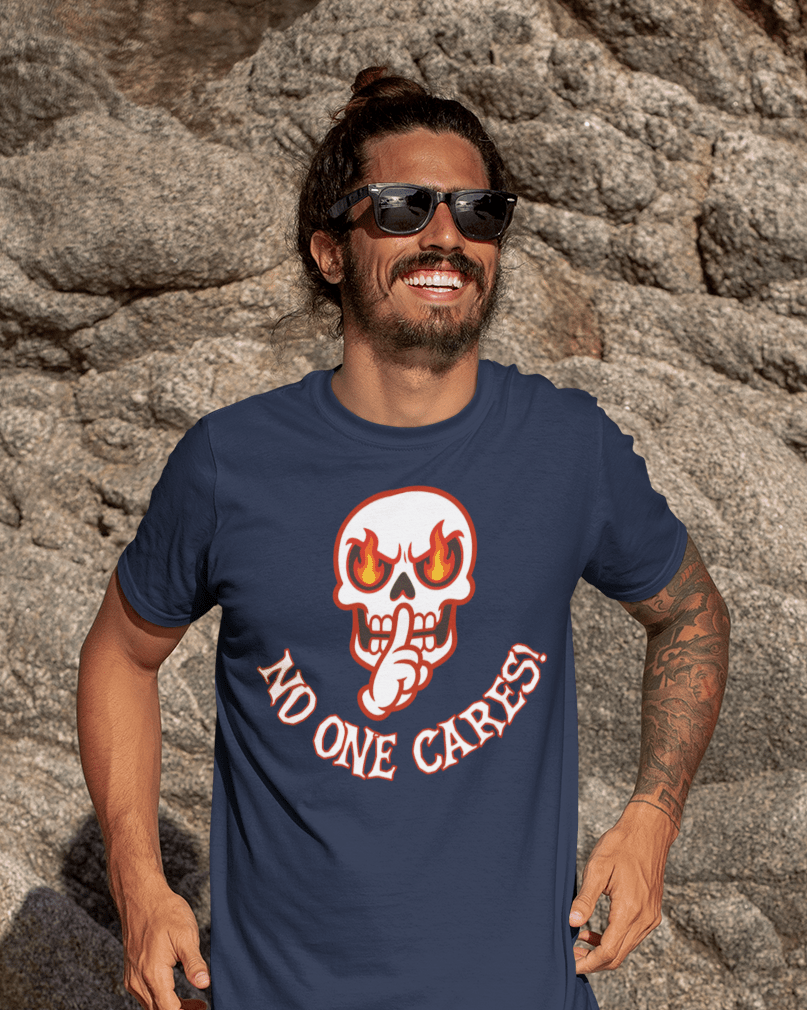 Angry Shooshing Skull with No One Cares! Cotton Unisex T-shirt - JonesTees