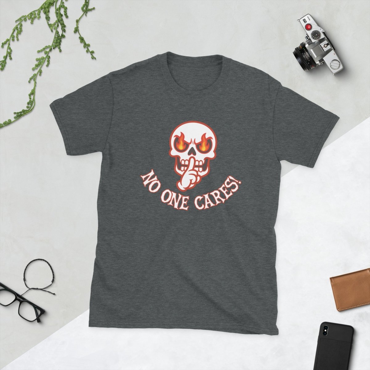 Angry Shooshing Skull with No One Cares! Cotton Unisex T-shirt - JonesTees