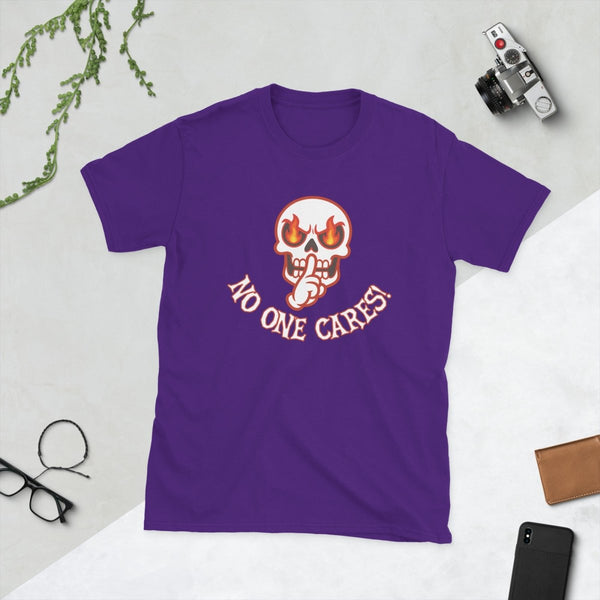 Angry Shooshing Skull with No One Cares! Cotton Unisex T-shirt - JonesTees