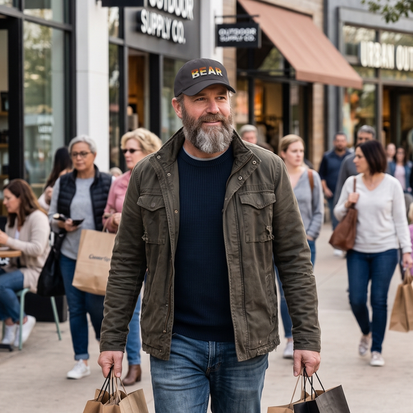 A man with a beard wearing a dark olive green jacket, blue jeans, and a black cap walks down a busy outdoor shopping street carrying brown paper shopping bags. Storefronts for 'The Coffee Collective', 'Outdoor Supply Co', and 'Urban Outfitters' are visible in the background.