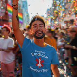 A smiling man wearing glasses and a blue graphic T-shirt waves his hand in a crowded outdoor street scene filled with confetti and rainbow flags. The shirt reads 'Certified Emotional Support Top' with a red heart and white ribbon graphic.